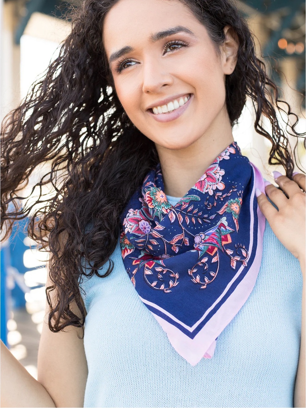 SAACHI Blooming Lotus Floral Bandana Scarf | Navy & Pink | EUC